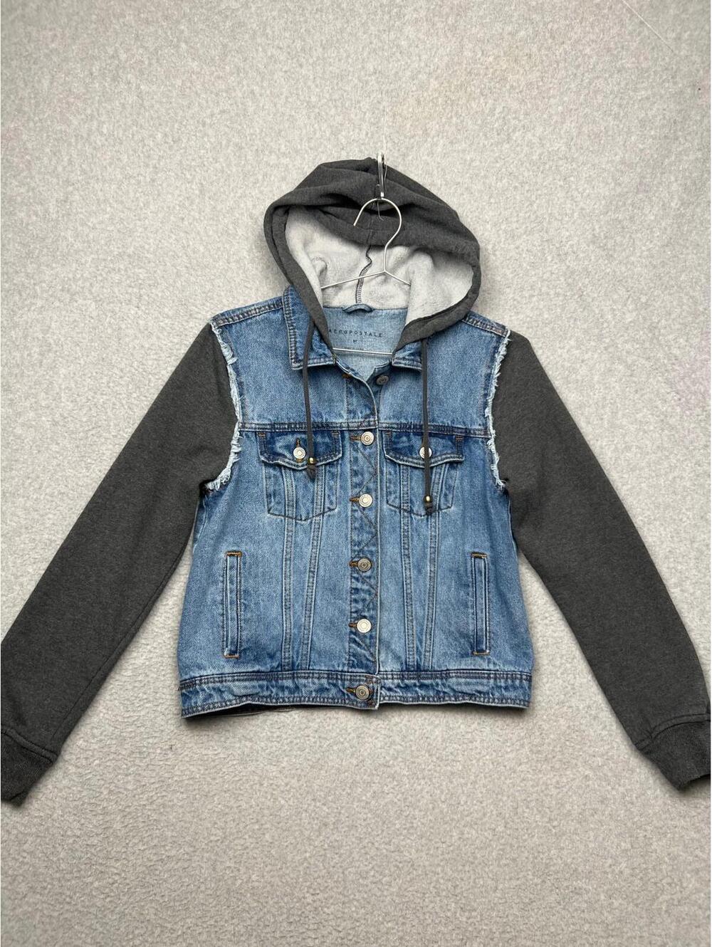 Aeropostale Denim Knit Sleeve Hooded Hoodie Jean Jacket Women's Size M Y2K 90S